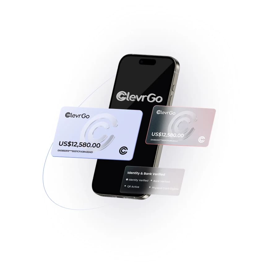 ClevrGo app shown on a phone with verified payment cards